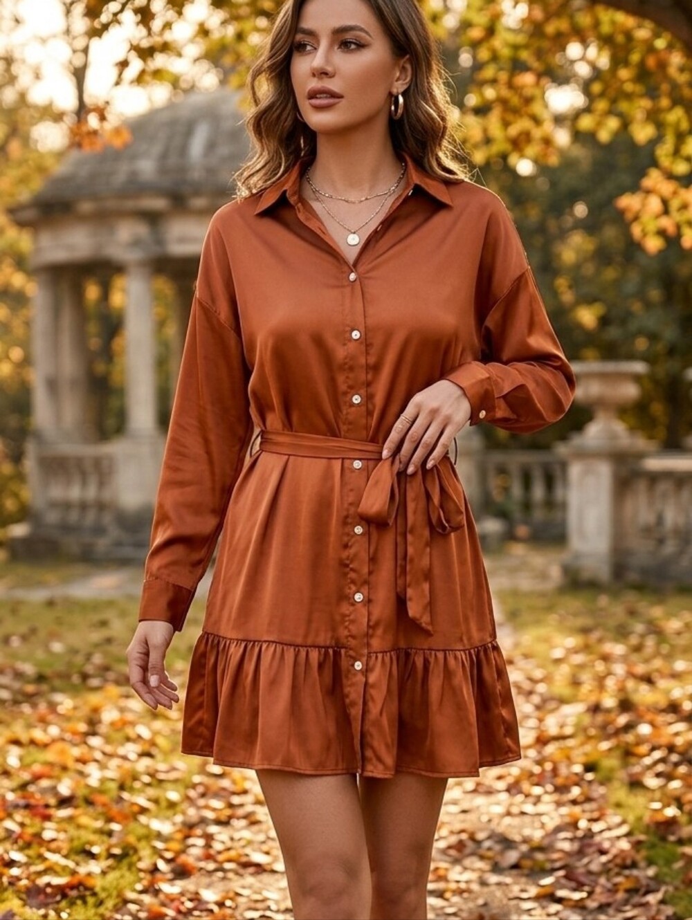 Flowy Rust Tiered Boho, Fall Shirt Dress with Tie Waist - Women